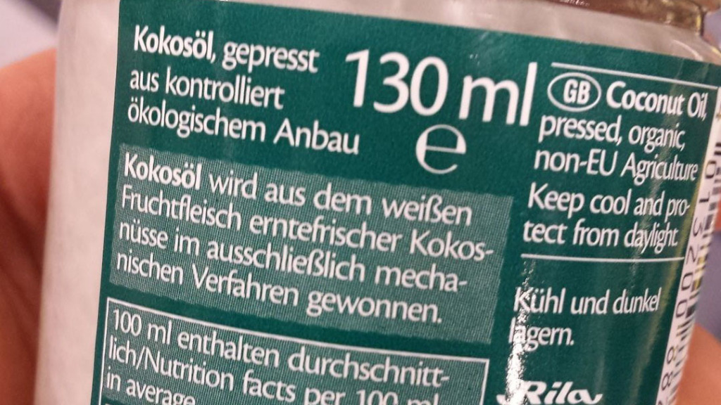 Kokosöl bei EDEKA - Rückseite vom Glas, ausschnitt